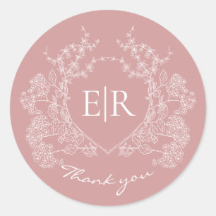 Dusty Pink Floral Crest Monogram Thank You Wedding Classic Round Sticker