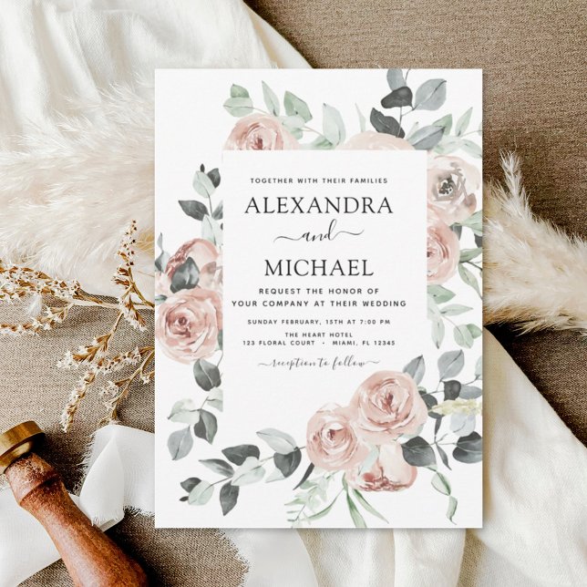 Dusty Pink Floral Eucalyptus Greenery Wedding Invi Invitation (Creator Uploaded)