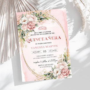 Dusty Pink Floral Eucalyptus Quinceañera Birthday  Invitation