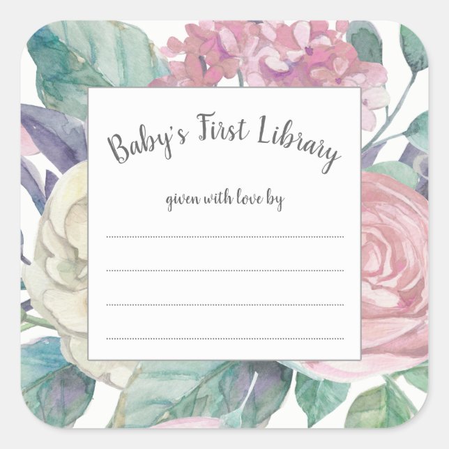 Dusty Pink Floral girl baby shower book plate Square Sticker (Front)