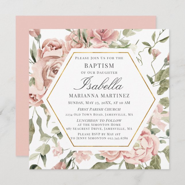 Dusty Pink Floral Gold Frame Baptism Invitation (Front/Back)