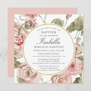 Dusty Pink Floral Gold Round Frame Baptism Invitation