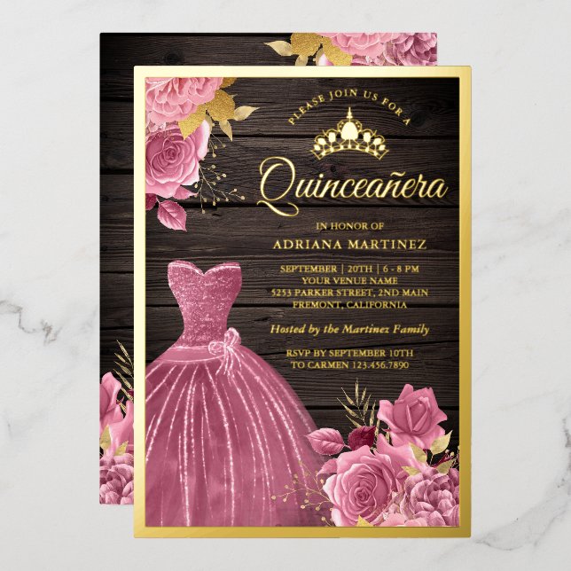 Dusty Pink Floral Gown Barn Wood Quinceanera Gold (Front/Back)