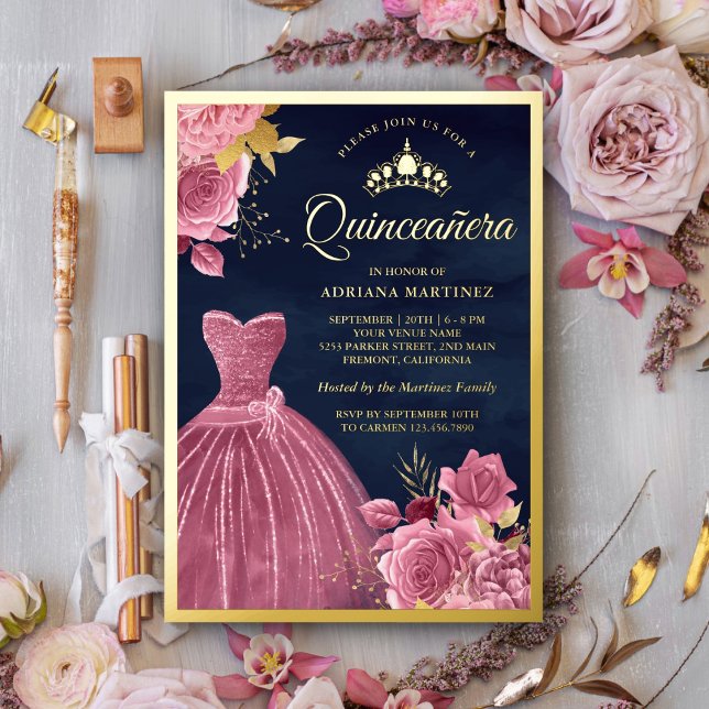 Dusty Pink Floral Gown Navy Blue Quinceanera Gold (Creator Uploaded)