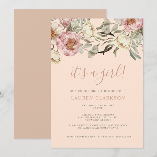 Dusty Pink Floral It's a Girl Baby Shower  Invitation (Front/Back)