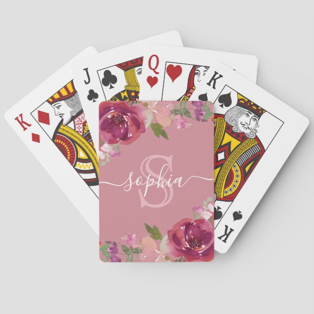 Dusty Pink Floral Monogrammed Script Name Playing Cards (Back)