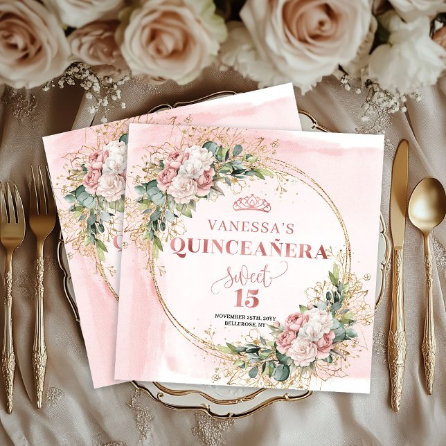 Dusty Pink Floral Napkins for Elegant Quinceañera (Dusty Pink Floral Napkins for Elegant Quinceañera)