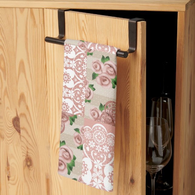 Dusty  Pink Floral Patchwork Rose Kitchen Towel (Thirds Fold)