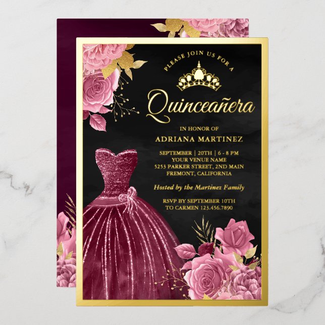 Dusty Pink Floral Plum Gown Black Quinceanera Gold (Front/Back)