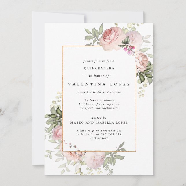 Dusty Pink Floral Quinceanera Invitation (Front)