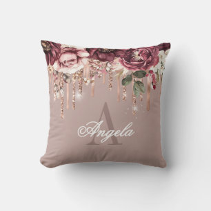 Dusty Pink Floral Rose Gold Glitter Drips Monogram Throw Pillow