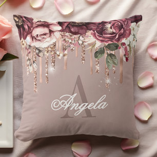 Dusty Pink Floral Rose Gold Glitter Drips Monogram Throw Pillow