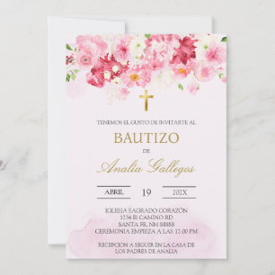Dusty pink floral Spanish baptism Invitation