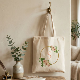 Dusty Pink Floral Spring greenery Name Monogram Tote Bag