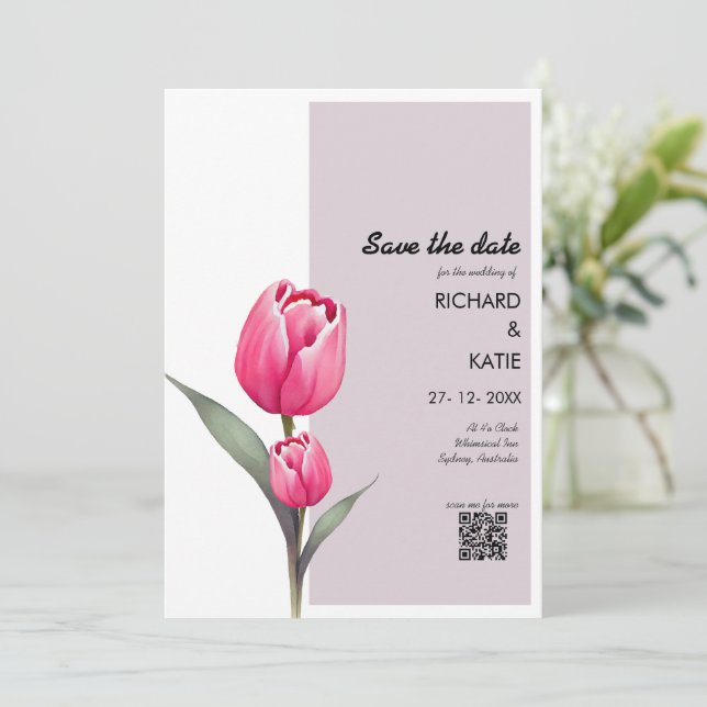 Dusty pink Floral stylish Qr code save the date Invitation (Standing Front)
