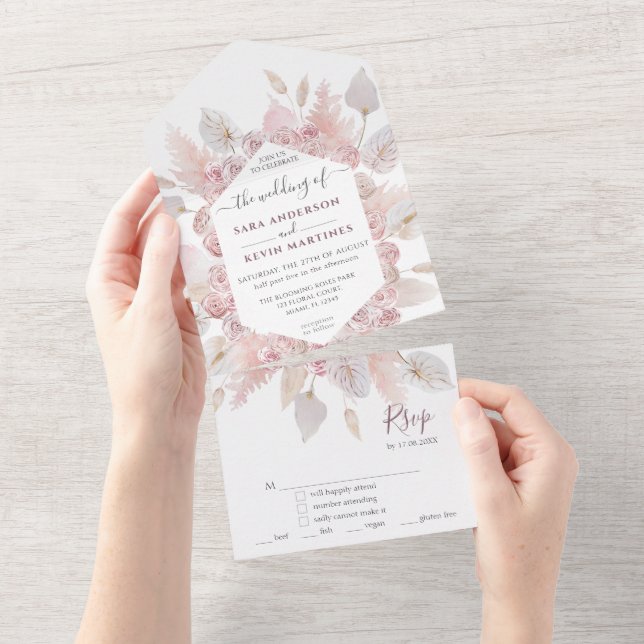 Dusty Pink Floral Wedding All In One Invitation (Tearaway)