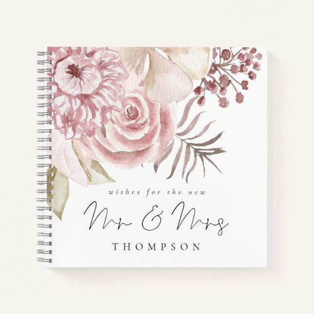 Dusty Pink Florals New Mr Mrs Wedding Guest Book (Front)