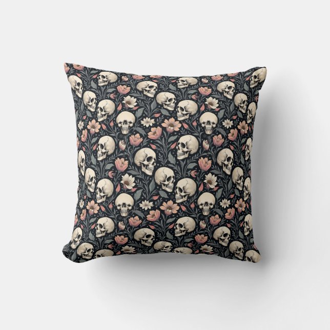 Dusty Pink Flowers and Skulls Throw Pillow (Front)