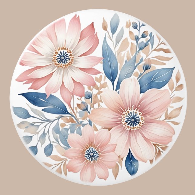 Dusty Pink Flowers Blue Beige Boho Floral Ceramic Knob (Creator Uploaded)