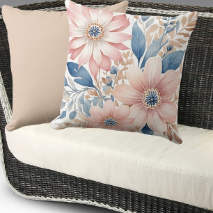 Dusty Pink Flowers Blue Beige Boho Floral Throw Pillow