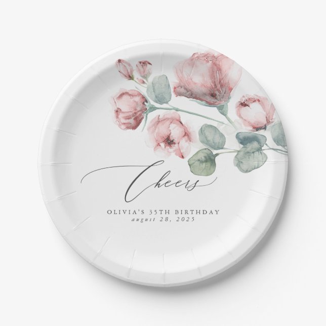 Dusty Pink Flowers Elegant Romantic Paper Plate (Front)