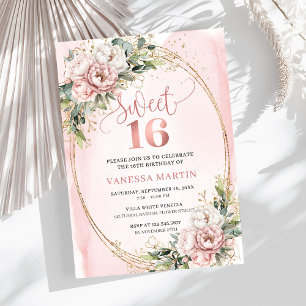 Dusty Pink Flowers Eucalyptus Sweet 16 Invitation