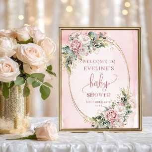 Dusty Pink Flowers Gold Welcome Baby Shower Sign