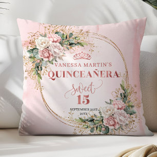 Dusty Pink Flowers Greenery Sweet 15 Decorative  Throw Pillow