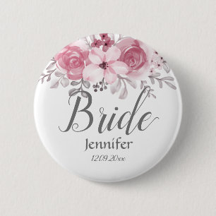 Dusty pink Flowers script text bride  2 Inch Round Button