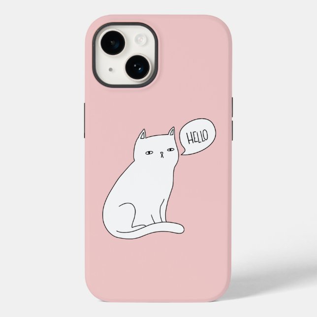 Dusty Pink Funny White Cat Drawing Hello Case-Mate iPhone Case (Back)