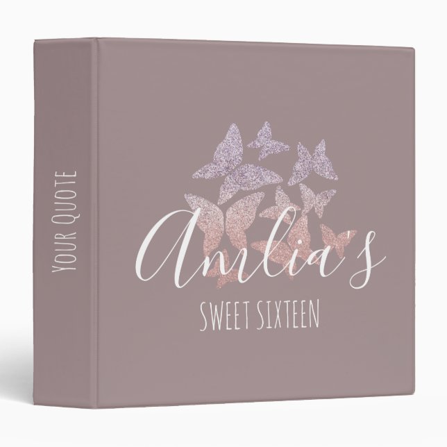 Dusty Pink Glitter Butterflies Sweet 16 Photo Binder (Front/Spine)