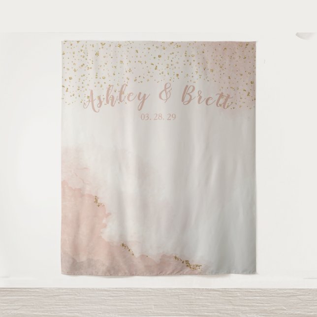 Dusty Pink Glitter Gold Wedding Photo Backdrop Tapestry (Front)