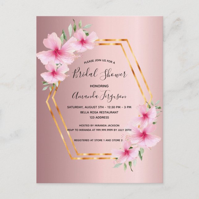 Dusty pink gold bridal shower invitation postcard (Front)