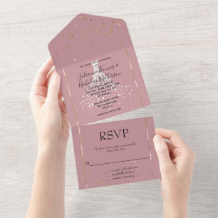 Dusty Pink Gold Confetti Diamonds Dress Wedding All In One Invitation