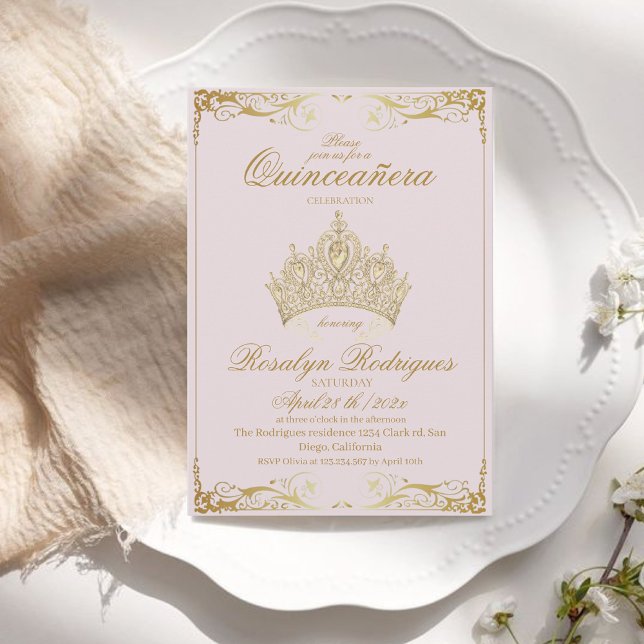Dusty Pink Gold Tiara Princess Quinceañera  Invitation (Creator Uploaded)