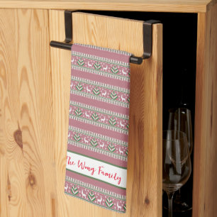 Dusty Pink Green and White Fair Isle Christmas Kitchen Towel