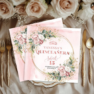 Dusty Pink Greenery Floral Sweet 15 Celebration Napkin