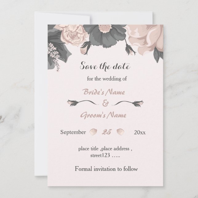 dusty pink grey flowers amazing save the date invitation (Front)