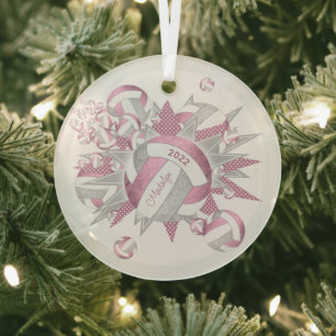 dusty pink grey girly volleyballs and stars glass ornament