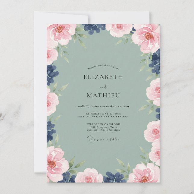 Dusty Pink Indigo Peony Wedding Invitation (Front)