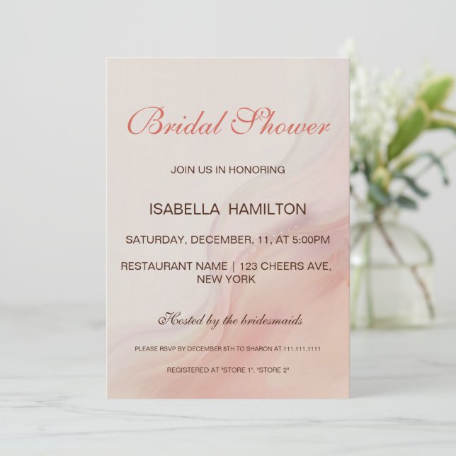 Dusty Pink Marble Script Calligraphy Bridal Shower Invitation (Standing Front)