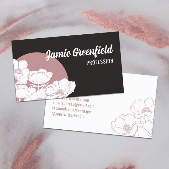 Dusty Pink Matte Black White Anemones Line Art Business Card (Creator Uploaded)