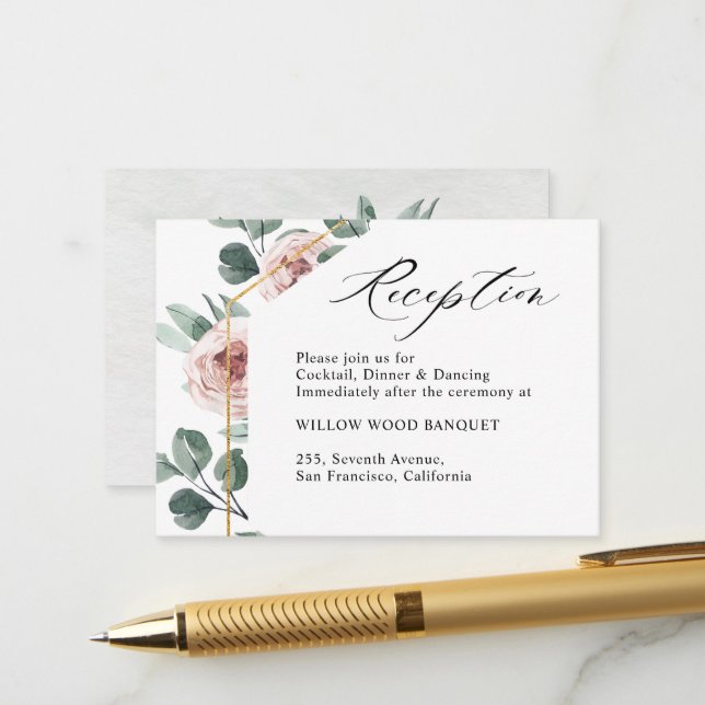 Dusty Pink Mauve Rose Floral Geometric Wedding  Enclosure Card (Front/Back In Situ)