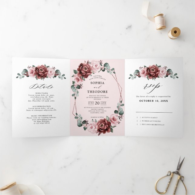 Dusty Pink Mauve Rose Floral Geometric Wedding  Tr Tri-Fold Announcement (Inside)