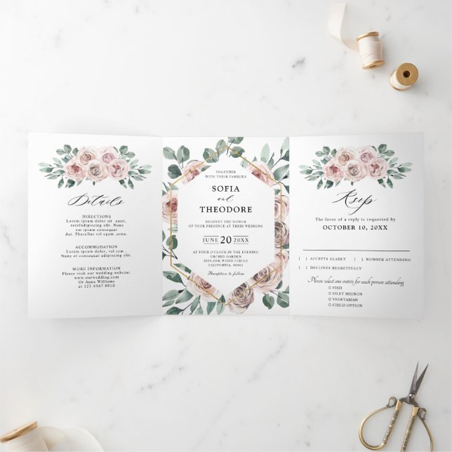 Dusty Pink Mauve Rose Floral Geometric Wedding  Tri-Fold Announcement (Inside)