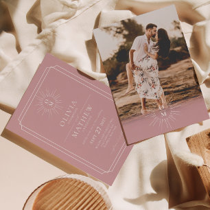 Dusty Pink Mid Century 70s Monogram Photo Wedding Invitation