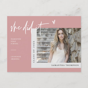 Dusty Pink Minimal Heart Photo She Did It Graduate Postcard