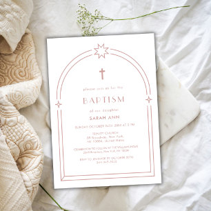 Dusty Pink Minimalist Boho Arch Cross Baptism  Invitation