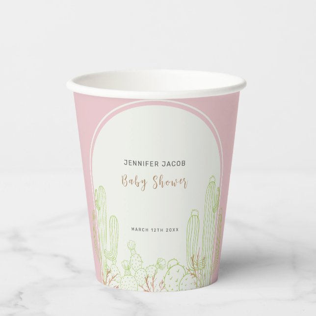 Dusty Pink Minimalist Boho Cactus Arch Baby Shower Paper Cups (Front)