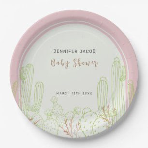 Dusty Pink Minimalist Boho Cactus Arch Baby Shower Paper Plate